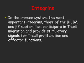 Integrins In the immune system, the most important integrins, those of the   1,   2, and   7 subfamilies, participate in T-cell migration and provide stimulatory signals for T-cell proliferation and effector functions.  