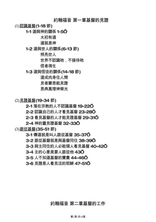 約翰福音 第一章基督的見證
(1)認識基督(1-18 節)
     1-1 道與神的關係 1-5’
           太初有道
           道就是神
     1-2 道與世人的關係(6-13 節)
           照亮世人
           世界不認識祂，不接待祂
           信者得生
     1-3 道與信徒的關係(14-18 節)
           道成肉身住人間
           見者蒙恩能見證
           恩典真理神榮光

(2)見證基督(19-34 節)
     2-1 落在宗教的人不認識基督 19-22’
     2-2 認識自己的人才看見基督 23-28’
     2-3 看見基督的人才能見證基督 29-31’
     2-4 神的靈見證基督 32-33’
(3)跟從基督(35-51 節)
     3-1 傳道就是叫人跟從基督 35-37’
     3-2 跟從基督就是與基督同住 38-39’
     3-3 與主同住的人必能領人看見基督 40-42’
     3-4 主的心意是要人跟從他 43’
     3-5 人不知道基督的寶貴 44-46’
     3-6 見證是人看見活的耶穌 47-51’




            約翰福音 第二章基督的工作

                    第2頁/共14張
 