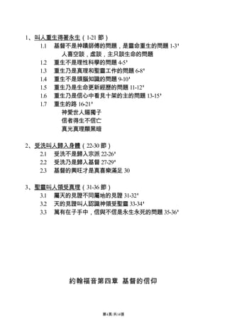 1、叫人重生得著永生（1-21 節）
   1.1 基督不是神蹟師傅的問題，是靈命重生的問題 1-3'
        人喜空談，虛談，主只談生命的問題
   1.2 重生不是理性科學的問題 4-5'
   1.3 重生乃是真理和聖靈工作的問題 6-8'
   1.4 重生不是頭腦知識的問題 9-10'
   1.5 重生乃是生命更新經歷的問題 11-12'
   1.6 重生乃是信心中看見十架的主的問題 13-15'
   1.7 重生的路 16-21'
        神愛世人賜獨子
        信者得生不信亡
        真光真理顯黑暗

2、受洗叫人歸入身體（22-30 節）
   2.1 受洗不是歸入宗派 22-26'
   2.2 受洗乃是歸入基督 27-29'
   2.3 基督的興旺才是真喜樂滿足 30

3、聖靈叫人領受真理（31-36 節）
   3.1 屬天的見證不同屬地的見證 31-32'
   3.2 天的見證叫人認識神領受聖靈 33-34'
   3.3 萬有在子手中，信與不信是永生永死的問題 35-36'




         約翰福音第四章 基督的信仰



                第4頁/共14張
 