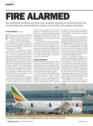 SAFETY
flightglobal.com32 | Flight International | 10-16 September 2013
London Heathrow [12 July 2013]. As the ﬁlm
points out, an in-ﬂight ﬁre that is out of con-
trol will, on average, lead to ﬂight crew losing
control of the aircraft within 15 minutes.” The
vulnerability of aircraft to ﬁre is on the CAA’s
“Signiﬁcant Seven” list of the greatest threats
to aviation safety.
Cox observes that two of the principal rea-
sons for the change in the ﬁre risk proﬁle is
the proliferation of lithium batteries on air-
craft – both the batteries installed in the air-
craft and those carried by crew and passengers
in personal electrical/electronic devices. This
is in addition to the increasing use of compos-
ite materials in aircraft hulls. “Composites in
the vicinity of lithium batteries – how is this
going to play out?” he asks.
LIMITED EXPERIENCE
In this question, he is not only acknowledging
the kind of risk that the Ethiopian 787 ﬁre
demonstrated, but also expressing concern
about the fact that the industry has little expe-
rience of the behaviour of composite materials
in the presence of heat and ﬁre. Aluminium,
for all its limitations, is a known quantity.
One of the reasons for the fewer fatalities in
recent years is that the ﬁre-related accidents
in the last decade have mostly involved
freighters. Since 2011, two Boeing 747Fs –
one operated by South Korean carrier Asiana,
one by US package shipper UPS – have been
DAVID LEARMOUNT LONDON
The proliferation of lithium batteries and composite materials in modern airliners has
increased the risk of onboard blazes, despite a recent fall in the number of fatalities
FIRE ALARMED
A conﬂagration on an Ethiopian Airlines 787 highlighted the danger of a blaze in a hidden part of the aircraft
F
ire on board aircraft has caused fewer
fatalities in recent years than it once
did, but the risk of ﬁre-caused inci-
dents and accidents is increasing.
That is the conclusion of international ex-
perts assembled by the Royal Aeronautical
Society, who recently published the ﬁrst part
of a study called “Smoke, ﬁre and fumes in
transport aircraft” (SAFITA).
Capt John Cox – president of US-based
safety consultancy Safe Operating Systems
(SOS), and one of the experts on the SAFITA
team – says that as aircraft technology and
construction materials change, so does the ﬁre
risk proﬁle – and almost certainly not for the
better. Meanwhile, the US Federal Aviation
Administration and the UK Civil Aviation Au-
thority have just jointly launched a ﬁre safety
awareness campaign, which includes an in-
structional video. In a particularly chilling
statement at the campaign launch, the CAA
said: “Of particular concern is the threat of
ﬁres breaking out in hidden areas of the air-
craft, which cabin crew are unable to access
and bring under control in-ﬂight.”
The CAA statement continues: “The impor-
tance of reducing ﬁre risks was highlighted
with the recent signiﬁcant ﬁre on the Ethiopi-
an Airlines Boeing 787 on the ground at
brought down by ﬁre with the loss of the en-
tire crew. In both cases, the ﬁre was believed
to have started in pallets of lithium batteries
carried as cargo.
In the UPS case, said the investigators in
their ofﬁcial report, the time between the ﬁre
warning being triggered and the ﬁrst failures in
a cascading loss of aircraft systems was 2min.
The ﬂightdeck ﬁlled with smoke and the cap-
tain left his seat when the supply of oxygen to
his mask unaccountably failed. The co-pilot
soon could not see his instruments, neither
could he see out of the windscreen. He could
notseeeventochangetheradiofrequency,and
so was totally incapacitated. The report and its
conclusions are a nightmare to read.
There is no indication, according to the
RAeS, that passenger aircraft are safe from sim-
ilar events and, if a single event like the loss of
Swissair Flight 111 were to take place now, it
would reverse the interpretation of medium-
term statistics. Swissair 111 was a McDonnell
Douglas MD-11 that crashed into the sea near
Halifax, Canada, in 1998 when a short-circuit
in a damaged wiring bundle generated a ﬁerce
ﬁre in the ceiling just aft of the cockpit. The
spreading ﬁre caused a sequence of cascading
system faults, which eventually wiped out the
primary ﬂight instruments. Finally, smoke
blinded the pilots so they could not ﬂy.
The SAFITA report contains this general
conclusion with a number of individual ones:
PA
 