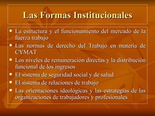 Las Formas Institucionales La estructura y el funcionamiento del mercado de la fuerza trabajo Las normas de derecho del Trabajo en materia de CYMAT Los niveles de remuneración directas y la distribución funcional de los ingresos El sistema de seguridad social y de salud El sistema de relaciones de trabajo Las orientaciones ideológicas y las estrategias de las organizaciones de trabajadores y profesionales 