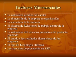 Factores Microsociales La naturaleza jurídica del capital La dimensión de la empresa u organización La estructura de la empresa El sistema de Relaciones de trabajo dentro de la empresa La naturaleza del servicios prestado o del producto generado El estado y los resultados fianancieros de las empresas El tipo de Tecnología utilizada Los servicios de prevención en SSO 