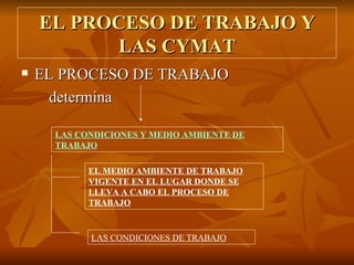 EL PROCESO DE TRABAJO Y LAS CYMAT EL PROCESO DE TRABAJO determina LAS CONDICIONES Y MEDIO AMBIENTE DE TRABAJO EL MEDIO AMBIENTE DE TRABAJO VIGENTE EN EL LUGAR DONDE SE LLEVA A CABO EL PROCESO DE TRABAJO LAS CONDICIONES DE TRABAJO 