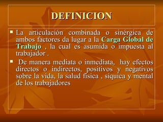 DEFINICION La articulación combinada o sinérgica de ambos factores da lugar a la  Carga Global de   Trabajo  , la cual es asumida o impuesta al trabajador .  De manera mediata o inmediata,  hay efectos directos o indirectos, positivos y negativos sobre la vida, la salud física , síquica y mental de los trabajadores 