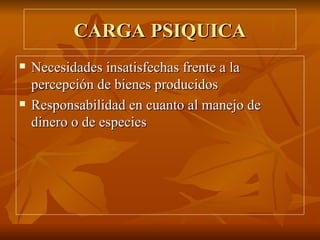CARGA PSIQUICA Necesidades insatisfechas frente a la percepción de bienes producidos Responsabilidad en cuanto al manejo de dinero o de especies 
