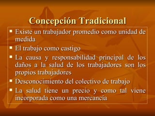 Concepción Tradicional Existe un trabajador promedio como unidad de medida El trabajo como castigo La causa y responsabilidad principal de los daños a la salud de los trabajadores son los propios trabajadores Desconocimiento del colectivo de trabajo La salud tiene un precio y como tal viene incorporada como una mercancía 