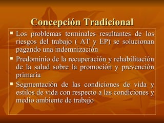 Concepción Tradicional Los problemas terminales resultantes de los riesgos del trabajo ( AT y EP) se solucionan pagando una indemnización Predominio de la recuperación y rehabilitación de la salud sobre la promoción y prevención primaria Segmentación de las condiciones de vida y estilos de vida con respecto a las condiciones y medio ambiente de trabajo 