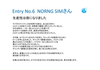Entry No.6 NORNG SIMさん
生産性は倍になりました
マイクロファイナンスを利用する前は、夫と近くの村に
ココナッツを採りに行き、荷馬車で顧客に売りに行っていました。
その当時は、一日一回しかココナッツを運べず、
夫はタイへ出稼ぎに行き、長男は学校を辞め、
ココナッツ売りの手伝いをしなければなりませんでした。

その後、セイラニティのスタッフを知り、キャッサバを栽培するために
ローンを申し込みました。キャッサバ農場は成功し、ココナッツを
運ぶためのバイクを買い、バイクで一日に2回ココナッツを
運ぶことができるようになりました。
ココナッツの販売は良いビジネスで収入を得やすく、
キャッサバ農場は生産性が高く、高い収入を得られます。

来年は、農場とココナッツの収入と夫のタイでの出稼ぎの収入で、
家を建てる予定です。

仕事と生活が良くなり、ビジネスを広げる十分な資金があるとき、幸せを感じます。
 