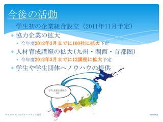 2011/10/513今後の活動学生初の企業組合設立（2011年11月予定）協力企業の拡大今年度2012年3月までに100社に拡大予定人材育成講座の拡大(九州・関西・首都圏)今年度2012年3月までに12講座に拡大予定学生や学生団体へノウハウの提供サイボウズLiveグループウェア活用学生支援企業組合SCU