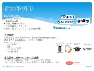2011/10/5サイボウズLiveグループウェア活用3活動事例①協力企業の開拓人材育成に必要な、・講師等の人材・会場、機材等の物品・その他資金、ノウハウの提供に協力していただける企業を開拓人材育成大学や学生同士では学べない実践的な知識や技術を獲得し、活用するための勉強会、セミナーの開催。★特に注力するテーマ　・システム開発　・営業　・プランニング(企画)　・マーケティング　・その他社会体験スマホアプリHands Onスルレポ営業大学Warp Night学生団体、NPOへのノウハウ支援プロジェクト推進の他、営業、ソーシャルメディア活用、グループウェア活用等のノウハウを提供し、活動を支援しています。
