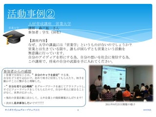 2011/10/5サイボウズLiveグループウェア活用4活動事例②人材育成講座　営業大学講師：森戸裕一さん参加者：学生（30名）【講座内容】なぜ、大学の講義には「営業学」というものがないのでしょうか？営業とは生きている限り、誰もが図らずとも営業という活動を無意識に行っています。自分のアイディアを形にする為。自分の想いを社会に発信する為。この講座で、将来の自分の武器を手に入れてください。営業大学参加者からの感想・営業で大切なことは、”自分のキャラを設定”する事。自分をどう売り込むかで、初めて相手に信用してもらえたり、相手を動かすことに繋がると理解した。・”自分を売り込む戦略”をグループワークを通じてアウトプットし、すぐにフィードバックをしてもらえたので、自分の考えに留まることがなく、世界が広がった。・現在の営業活動に活かして、人や企業との関係構築がんばります!・次回も是非参加したいです!!!!!2011年9月25日開催の様子