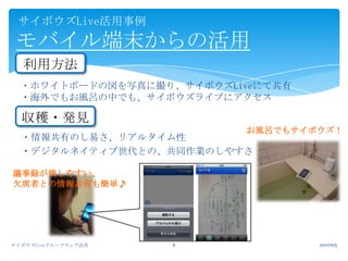 2011/10/5サイボウズLiveグループウェア活用6サイボウズLive活用事例モバイル端末からの活用利用方法・ホワイトボードの図を写真に撮り、サイボウズLiveにて共有・海外でもお風呂の中でも、サイボウズライブにアクセス収穫・発見お風呂でもサイボウズ！・情報共有のし易さ、リアルタイム性・デジタルネイティブ世代との、共同作業のしやすさ議事録が残しやすい、欠席者との情報共有も簡単♪