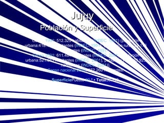 Jujuy Población y Superficie Censo  1991 : 512.329 habitantes ( INDEC ,  1991 ) (población urbana:418.153 habitantes ( INDEC ,  1991 ), (población rural: 94.176 habitantes ( INDEC ,  1991 )). Censo 2001 : 611.484 habitantes ( INDEC ,  2001 ) (población urbana:521.561 habitantes ( INDEC ,  2001 ), población rural: 89.923 habitantes ( INDEC ,  2001 )). Censo nacional 2010 : 672.260 habitantes. Superficie Puesto  20 .º  • Total 53.219  