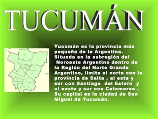 TUCUMÁN Tucumán es la provincia más pequeña de la Argentina. Situada en la subregión del  Noroeste Argentino dentro de la Región del Norte Grande Argentino, limita al norte con la provincia de Salta , al este y sur con Santiago  del Estero  y  al oeste y sur con Catamarca . Su capital es la ciudad de San  Miguel de Tucumán.  
