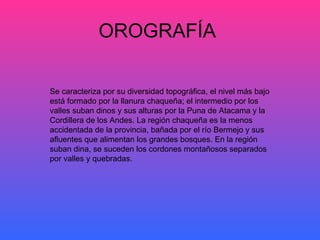 OROGRAFÍA  Se caracteriza por su diversidad topográfica, el nivel más bajo está formado por la llanura chaqueña; el intermedio por los valles suban dinos y sus alturas por la Puna de Atacama y la Cordillera de los Andes. La región chaqueña es la menos accidentada de la provincia, bañada por el río Bermejo y sus afluentes que alimentan los grandes bosques. En la región suban dina, se suceden los cordones montañosos separados por valles y quebradas.  
