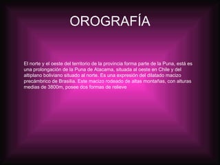 OROGRAFÍA El norte y el oeste del territorio de la provincia forma parte de la Puna, está es una prolongación de la Puna de Atacama, situada al oeste en Chile y del altiplano boliviano situado al norte. Es una expresión del dilatado macizo precámbrico de Brasilia. Este macizo rodeado de altas montañas, con alturas medias de 3800m, posee dos formas de relieve  