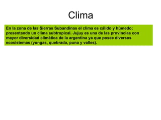 Clima En la zona de las Sierras Subandinas el clima es cálido y húmedo; presentando un clima subtropical. Jujuy es una de las provincias con mayor diversidad climática de la argentina ya que posee diversos ecosistemas (yungas, quebrada, puna y valles).  