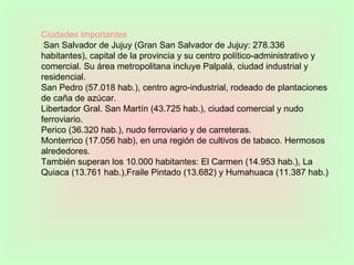 Ciudades importantes : San Salvador de Jujuy (Gran San Salvador de Jujuy: 278.336 habitantes), capital de la provincia y su centro político-administrativo y comercial. Su área metropolitana incluye Palpalá, ciudad industrial y residencial. San Pedro (57.018 hab.), centro agro-industrial, rodeado de plantaciones de caña de azúcar. Libertador Gral. San Martín (43.725 hab.), ciudad comercial y nudo ferroviario. Perico (36.320 hab.), nudo ferroviario y de carreteras. Monterrico (17.056 hab), en una región de cultivos de tabaco. Hermosos alrededores. También superan los 10.000 habitantes: El Carmen (14.953 hab.), La Quiaca (13.761 hab.),Fraile Pintado (13.682) y Humahuaca (11.387 hab.) 