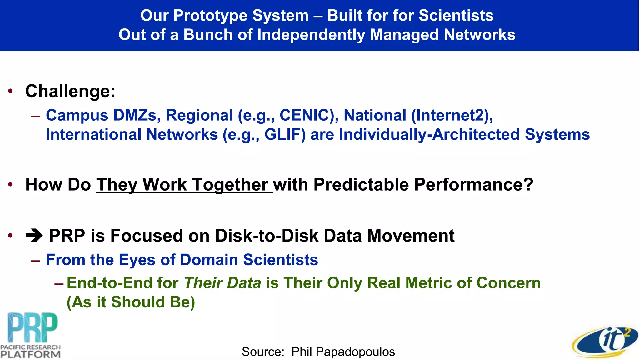 Our Prototype System – Built for for Scientists
Out of a Bunch of Independently Managed Networks
• Challenge:
– Campus DMZs, Regional (e.g., CENIC), National (Internet2),
International Networks (e.g., GLIF) are Individually-Architected Systems
• How Do They Work Together with Predictable Performance?
•  PRP is Focused on Disk-to-Disk Data Movement
– From the Eyes of Domain Scientists
– End-to-End for Their Data is Their Only Real Metric of Concern
(As it Should Be)
Source: Phil Papadopoulos
 