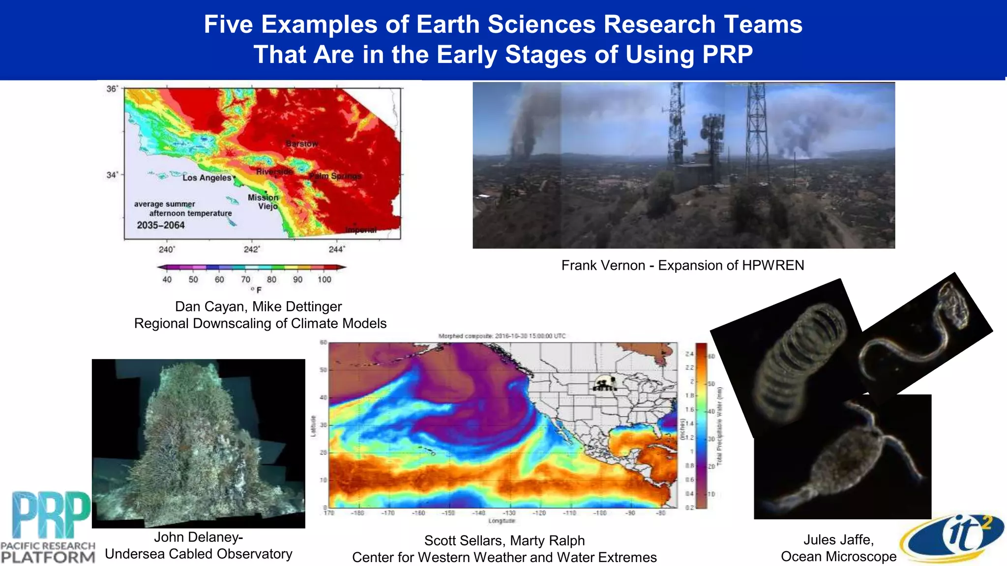 Five Examples of Earth Sciences Research Teams
That Are in the Early Stages of Using PRP
Frank Vernon - Expansion of HPWREN
Dan Cayan, Mike Dettinger
Regional Downscaling of Climate Models
Scott Sellars, Marty Ralph
Center for Western Weather and Water Extremes
John Delaney-
Undersea Cabled Observatory
Jules Jaffe,
Ocean Microscope
 