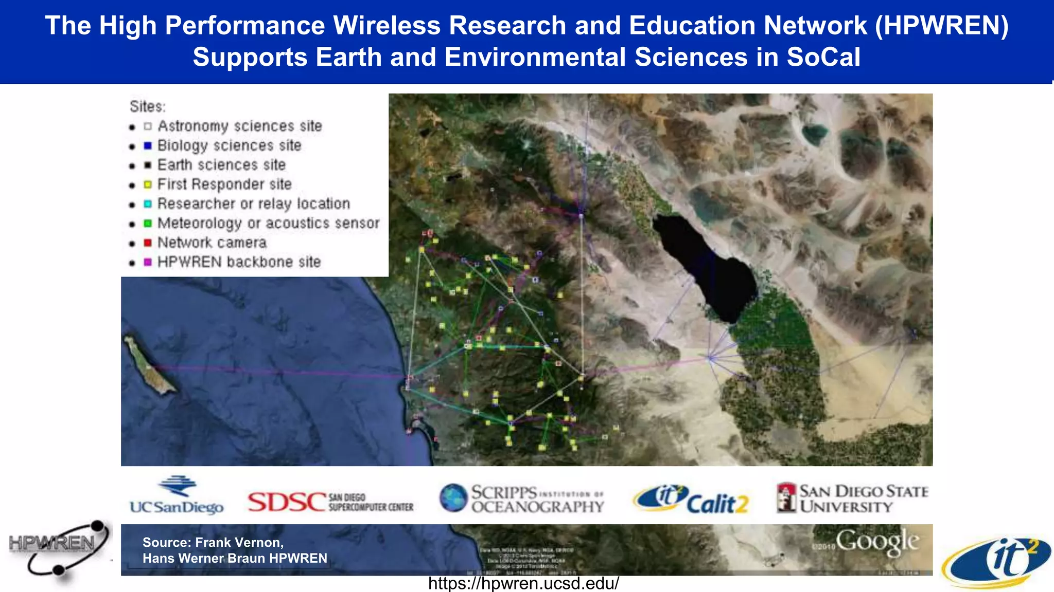 The High Performance Wireless Research and Education Network (HPWREN)
Supports Earth and Environmental Sciences in SoCal
https://hpwren.ucsd.edu/
Source: Frank Vernon,
Hans Werner Braun HPWREN
 