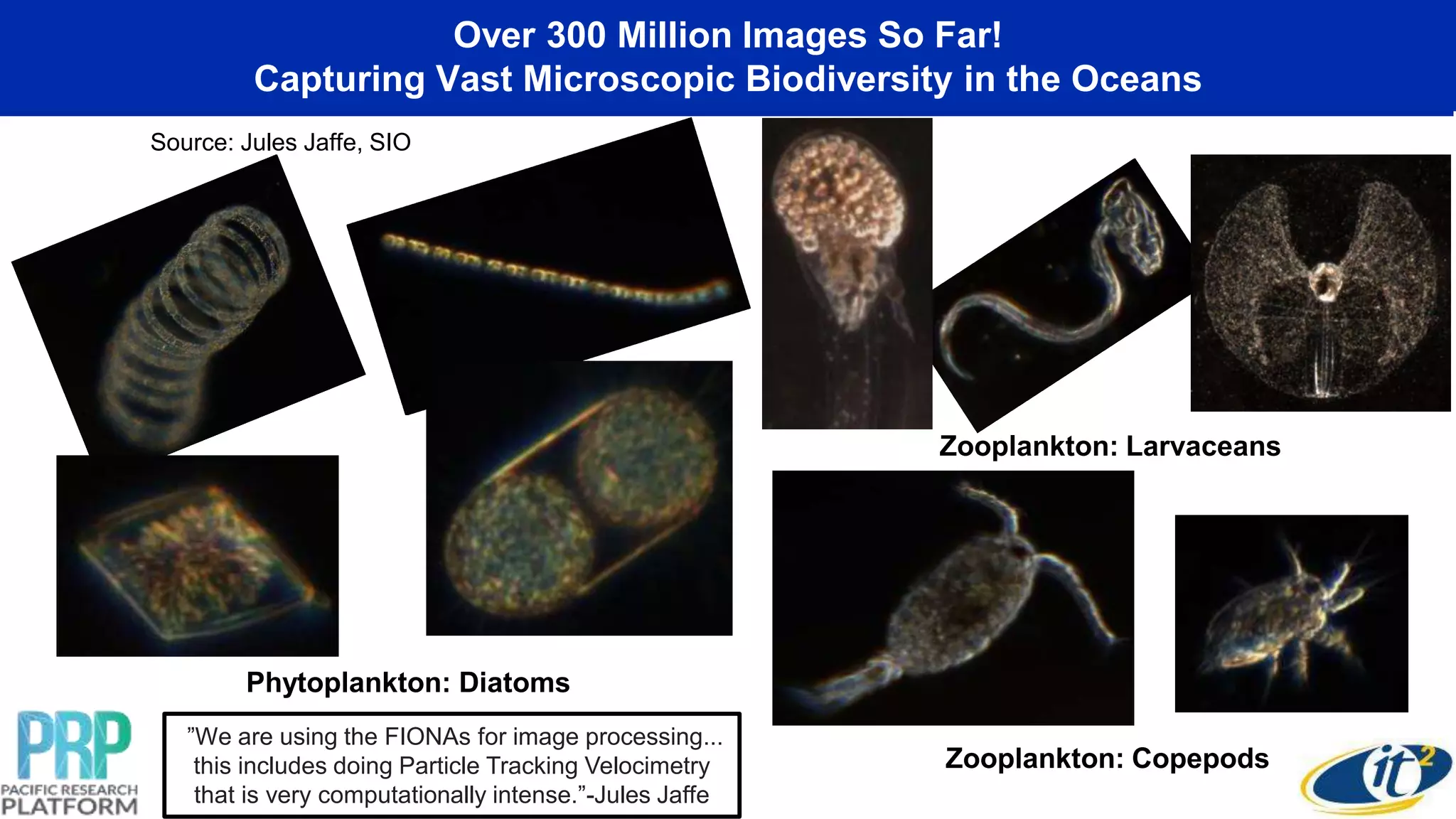 Over 300 Million Images So Far!
Capturing Vast Microscopic Biodiversity in the Oceans
Phytoplankton: Diatoms
Zooplankton: Copepods
Zooplankton: Larvaceans
Source: Jules Jaffe, SIO
”We are using the FIONAs for image processing...
this includes doing Particle Tracking Velocimetry
that is very computationally intense.”-Jules Jaffe
 