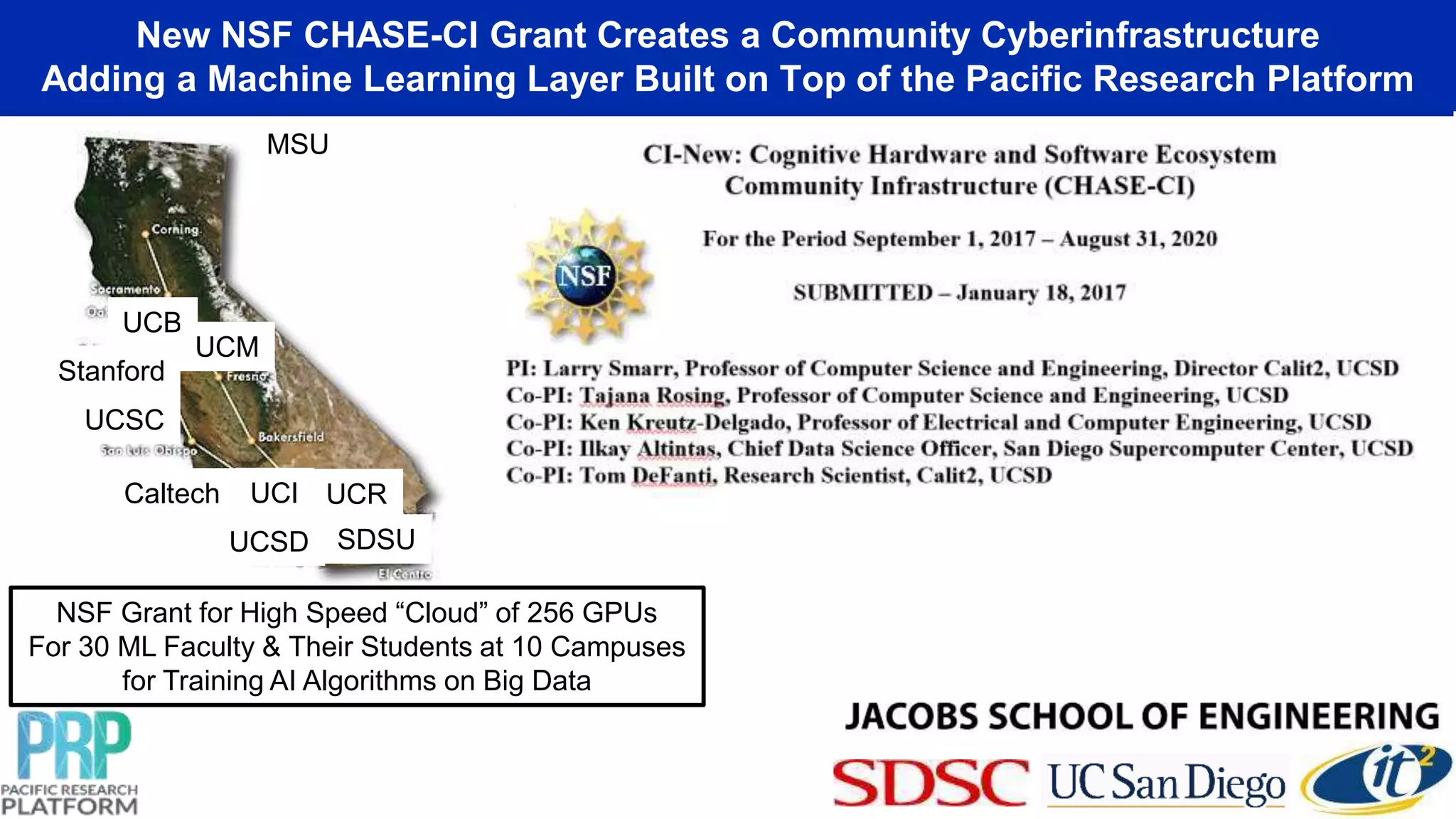 New NSF CHASE-CI Grant Creates a Community Cyberinfrastructure
Adding a Machine Learning Layer Built on Top of the Pacific Research Platform
Caltech
UCB
UCI UCR
UCSD
UCSC
Stanford
MSU
UCM
SDSU
NSF Grant for High Speed “Cloud” of 256 GPUs
For 30 ML Faculty & Their Students at 10 Campuses
for Training AI Algorithms on Big Data
 