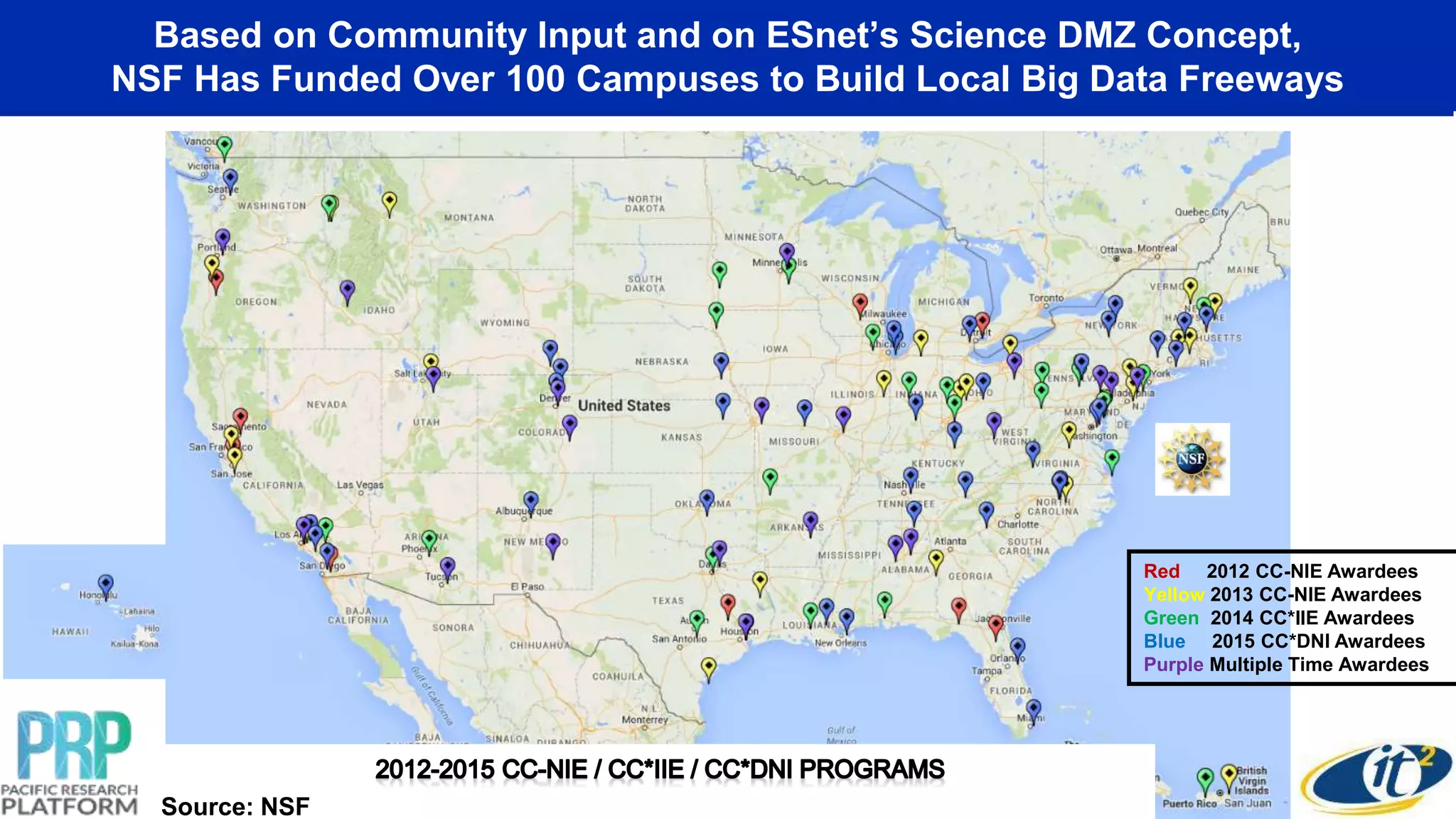 Based on Community Input and on ESnet’s Science DMZ Concept,
NSF Has Funded Over 100 Campuses to Build Local Big Data Freeways
Red 2012 CC-NIE Awardees
Yellow 2013 CC-NIE Awardees
Green 2014 CC*IIE Awardees
Blue 2015 CC*DNI Awardees
Purple Multiple Time Awardees
Source: NSF
 