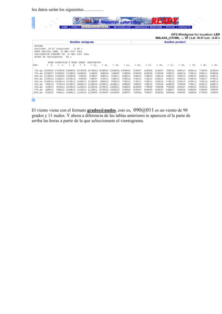 los datos serán los siguientes..................




El viento viene con el formato grados@nudos, esto es, 090@011 es un viento de 90
grados y 11 nudos. Y ahora a diferencia de las tablas anteriores te aparecen el la parte de
arriba las horas a partir de la que seleccionaste el vientograma.
 
