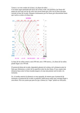 Vamos a ver otro sondeo de la base y la altura de nubes..............
Con tramo negro partiendo del inicio de la línea verde, una paralela a las líneas del
punto de rocío que son las de color rojo oscuro hasta que corte con la línea roja para
calcular la base de la nube. Después continuamos por las líneas gris discontinuas hasta
que vuelva a cortar a la línea roja.




La base de las nubes estará a unos 850 mb, unos 1500 metros, y la altura de las nubes
puede llegar a los 550 mb.

El potencial-altura de la nube, dependerá además de la altura, de la distancia entre la
línea que obtenemos, es decir de la superficie entre las dos líneas, O sea, cuanto más
distancia haya entre la línea trazada (negra) y la roja más potente será la nube o la
tormenta.

En el sondeo anterior la distancia es muy pequeña, de manera que el potencial de
tormenta o el potencial de la nube es pequeño, habrá pocas nubes que consigan llegar a
esta altura. Pero ten cuenta que para los que volamos en “trapo” puede ser suficiente.
 