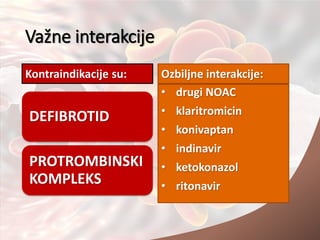Važne interakcije
Kontraindikacije su:
DEFIBROTID
PROTROMBINSKI
KOMPLEKS
Ozbiljne interakcije:
• drugi NOAC
• klaritromicin
• konivaptan
• indinavir
• ketokonazol
• ritonavir
 
