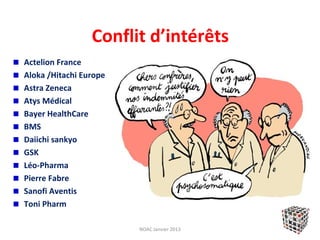Conflit d’intérêts
Actelion France
Aloka /Hitachi Europe
Astra Zeneca
Atys Médical
Bayer HealthCare
BMS
Daiichi sankyo
GSK
Léo-Pharma
Pierre Fabre
Sanofi Aventis
Toni Pharm

                        NOAC Janvier 2013
 