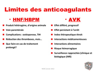 Limites des anticoagulants
   • HNF/HBPM                                                     • AVK
Produit hétérogène, d'origine animale                  Effet différé, progressif
Voie parentérale                                       Effet persistant à l'arrêt
Complications : ostéoporose, TIH                       Index thérapeutique étroit
Réduction des thromboses, mais…                        Interactions médicamenteuses
Que faire en cas de traitement                         Interactions alimentaires
prolongé?                                              Risque hémorragique
                                                       Surveillance rapprochée (clinique et
                                                       biologique (INR)



                                   NOAC Janvier 2013
 