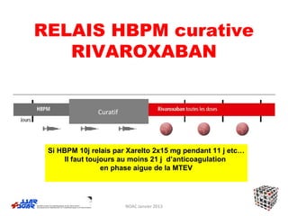 RELAIS HBPM curative
   RIVAROXABAN


               Curatif




 Si HBPM 10j relais par Xarelto 2x15 mg pendant 11 j etc…
      Il faut toujours au moins 21 j d’anticoagulation
                  en phase aigue de la MTEV




                         NOAC Janvier 2013
 