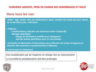 CHIRURGIE URGENTE, PRISE EN CHARGE DES HEMORRAGIES ET NACO

Dans tous les cas:
• Noter : âge, poids, nom du médicament, dose, nombre de prises par jour, heure
 de la dernière prise, indication


• Prélever :
     • créatininémie (calculer une clairance selon Cockcroft)
     • dosage spécifique:
           temps de thrombine modifié pour dabigatran
           activité antiXa spécifique pour le rivaroxaban
• Contacter le laboratoire d’hémostase pour informer du niveau d’urgence et
 discuter des examens et prélèvements à effectuer
• Interrompre le traitement

Une comédication par de l’aspirine ne change rien au raisonnement
La surveillance postopératoire doit être prolongée



                                    NOAC Janvier 2013
 
