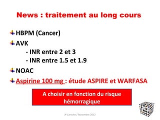 News : traitement au long cours

HBPM (Cancer)
AVK
   - INR entre 2 et 3
   - INR entre 1.5 et 1.9
NOAC
Aspirine 100 mg : étude ASPIRE et WARFASA
        A choisir en fonction du risque
                hémorragique
                JP Laroche / Novembre 2012
 