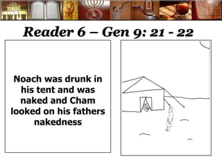 Reader 6 – Gen 9: 21 - 22 
Noach was drunk in 
his tent and was 
naked and Cham 
looked on his fathers 
nakedness 
 
