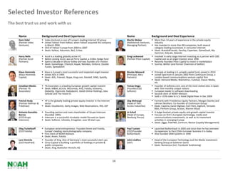 Selected Investor References
The best trust us and work with us

     Name                 Background and Deal Experience                                              Name                    Background and Deal Experience
     Dom Vidal             Index Ventures is one of Europe’s leading Internet VC group               Martin Weber             More than 14 years of experience in the private equity
     (Partner Index        Joined Yahoo! from Kelkoo, when Yahoo! acquired the company               (Holtzbrinck Ventures,    industry
     Ventures)              in March 2004                                                             Managing Partner)        Has invested in more than 80 companies, built several
                           CEO of Yahoo! Europe from 2004 to 2007                                                              category leading businesses in consumer internet
                           Deals: Kelkoo, Adconion, Be2, Criteo                                                               Deals: Brands4Friends, Parship, Experteer, GameDuell, My-
                                                                                                                                Hammer, Adscale, Zalando
     Harry Nelis             Accel is a leading globally active VC                                   Greg Lockwood            Involved in early stage internet investing as a partner with UBS
     (Partner Accel          Before joining Accel, was at Perry Capital, a $10bn hedge fund          (Partner Piton Capital)   Capital and as an angel investor since 1996
     Partners)               Spent a decade in Silicon Valley and was founder of E-motion                                     Recently founded Piton Capital to invest in marketplace
                             Deals: Gameforge, Check24, Kayak, Netvibes, Onforce, Double                                      Sunrise, Betfair (and former Chairman of betfair)
                              Fusion, Spreadshirt

     Klaus Hommels         Klaus is Europe's most successful and respected angel investor            Nicolas Massard          Principle at leading U.S. growth capital fund, joined in 2010
     (Klaus Hommels        Joined AOL in 1995                                                        (Principal, Abry         Joined Spectrum in January 2002 from Continuum Group, a
     Capital)              Deals: AOL, Freenet, Skype, King.com, Stardoll, XING, Spotify,            Partners)                 London-based communications venture capital firm
                            Xing                                                                                               Deals: Demand Media, Riskmetrics, Eutelsat, Classic Media,
                                                                                                                                etc.
     Jonathan Meeks        TA Associates is a leading European growth capital investor               Tomas Diago              Founder of Softonic.com, one of the most visited sites in Spain
     (Partner TA           Deals: M&M, eCircle, Micromax, AVG, Fotolia, eDreams,                     (Founder/CEO              with 70m monthly unique visitors
     Associates)            GlobeOp, OpenLink, Radialpoint, Datek Online Holdings, Idea               Softonic)                European leader in software downloading
                            Cellular and The Island EC                                                                         Second client of NOAH Advisors
                                                                                                                               Sold a <15% stake to U.S. listed Digital River in Dec 2009
     Patrick Healy         HF is the globally leading private equity investor in the Internet        Jörg Mohaupt             Formerly with Providence Equity Partners, Morgan Stanley and
     (Partner Hellman &     sector                                                                    (Head of TMT,             Lehman Brothers. Co-founder of Continuum Group
     Friedman)             Deals: Doubleclick, Getty Images, Web Reservations, IRIS, SSP             Access Industries)       Deals: Casema, Canal Digitaal, Com Hem, Digiturk, Versatel,
                                                                                                                                Bibit, Perfrom Group, Acision, Warner Music
     Antonio González      Founding partner and main shareholder of Grupo Intercom                   Jo Schull                A bulge-bracket private equity and growth capital investor
     Barros                 (founded 1995)                                                            (Head of Europe,         Focuses on firm's European technology, media and
     (CEO Grupo            Intercom is a successful incubator model focused on Spain                 Warburg Pincus)           communications investments, as well as its investment
     Intercom)             Deals: Softonic, InfoJobs, Emagister, over 20 start-ups                                             activities in emerging Europe
                                                                                                                               Deals: Ziggo, FiberNet, Centrum, Nectar (Loyalty Management)

     Oleg Tscheltzoff      European serial entrepreneur. Founded Amen and Fotolia,                   Paul Tustain             Launched BullionVault in 2005 and since then he has overseen
     (CEO Fotolia)          Europe’s leading stock photography company                                (CEO/Founder              its expansion to the £250m turnover business it is today
                           First client of NOAH Advisors                                             BullionVault)            Also founded SAM Systems in 1990
                           Deals: Amen, Fotolia
     Lars Hinrichs         Founder of Xing. One of Germany’s most successful start-ups               John Lindfors            Head of the European Technology and the Media Investment
     (CEO HackFwd)         Cinco Capital is building a portfolio of holdings in private &            (DST)                     Banking Group at Goldman Sachs
                            public companies                                                                                   Deals: Numerous (incl. Facebook fundraising)
                           Deals: Xing, Boettcher Hinrichs AG




                                                                                                 16
 