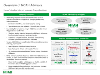 Overview of NOAH Advisors
Europe’s Leading Internet corporate finance boutique

                        Company Overview                                                            NOAH Advisors Key Strengths
  The leading corporate finance advisor with a clear focus on
    Internet companies in Europe and its emerging markets and                                                                             Core Investment
                                                                                      Unique Industry
    financial investors                                                                                                                       Banking
                                                                                        Know-How
                                                                                                                                            Competence
    - Products include M&A and selective capital raising
    - Typical transaction sizes between €50 million and €2 billion
  Founded by Marco Rodzynek in April 2009, later joined by Yoram                       Unmatched                                     Full Commitment -
    Wijngaarde and Jan Brandes                                                       Industry Network                                       We Are
    - The team worked together between 6 and 12 years at Lehman                      and Relationships                                  Entrepreneurs!
       Brothers media investment banking in London
    - As Head of European Internet , Marco has been covering
                                                                                           Selected Recent Completed Transaction
       European Internet companies since the 1990s
  To date, NOAH Advisors has advised on 12 completed transactions                 November 2011                          July 2011                       April 2011
    including, most recently
                                                                           Sale of a majority stake in      Sale of a majority stake in
    - Sale of grupfoni to Quants Financial Services
    - Sale of a majority stake in EnGrande to Palamon                                                                                        have acquired a majority
                                                                                                                  the owner of
    - TA Associates and Summit Partners’ $350m control transaction                                                                                   stake in
       of Bigpoint                                                                    To                                to
                                                                                Quants Financial
  NOAH Advisors also hosts the annual NOAH Internet Conference in                Services AG
                                                                                                                                                    for $350m
    London, an event where Internet companies and investors meet to
                                                                           Exclusive Financial Advisor to        Exclusive Advisor           Exclusive Advisor to Summit
    network and discuss the industry                                       grupfoni and its Shareholders           to EnGrande               Partners and TA Associates
    - NOAH Conference 2011 will take place on the 9th and 10th of
       November 2011 at Old Billingsgate in London
    - Move to bigger and better facilities after successful 2009 and
       2010 event with over 650 attendees each
                                                                       8
 