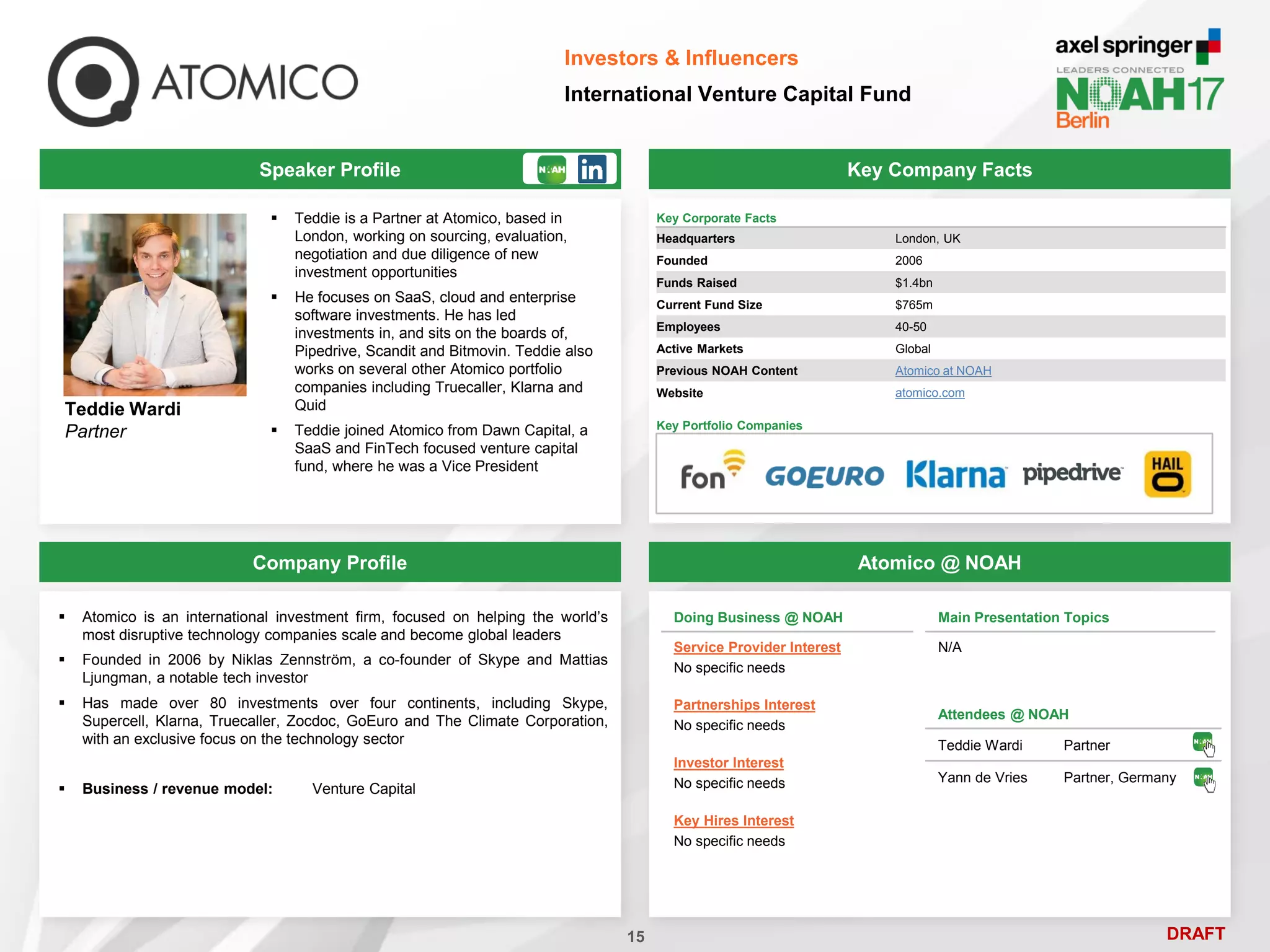 DRAFT
Speaker Profile
 Teddie is a Partner at Atomico, based in
London, working on sourcing, evaluation,
negotiation and due diligence of new
investment opportunities
 He focuses on SaaS, cloud and enterprise
software investments. He has led
investments in, and sits on the boards of,
Pipedrive, Scandit and Bitmovin. Teddie also
works on several other Atomico portfolio
companies including Truecaller, Klarna and
Quid
 Teddie joined Atomico from Dawn Capital, a
SaaS and FinTech focused venture capital
fund, where he was a Vice President
Teddie Wardi
Partner
Key Company Facts
15
Investors & Influencers
International Venture Capital Fund
Company Profile Atomico @ NOAH
 Atomico is an international investment firm, focused on helping the world’s
most disruptive technology companies scale and become global leaders
 Founded in 2006 by Niklas Zennström, a co-founder of Skype and Mattias
Ljungman, a notable tech investor
 Has made over 80 investments over four continents, including Skype,
Supercell, Klarna, Truecaller, Zocdoc, GoEuro and The Climate Corporation,
with an exclusive focus on the technology sector
 Business / revenue model: Venture Capital
Doing Business @ NOAH
Service Provider Interest
No specific needs
Partnerships Interest
No specific needs
Investor Interest
No specific needs
Key Hires Interest
No specific needs
Main Presentation Topics
N/A
Attendees @ NOAH
Teddie Wardi Partner
Yann de Vries Partner, Germany
Key Corporate Facts
Headquarters London, UK
Founded 2006
Funds Raised $1.4bn
Current Fund Size $765m
Employees 40-50
Active Markets Global
Previous NOAH Content Atomico at NOAH
Website atomico.com
Key Portfolio Companies
 