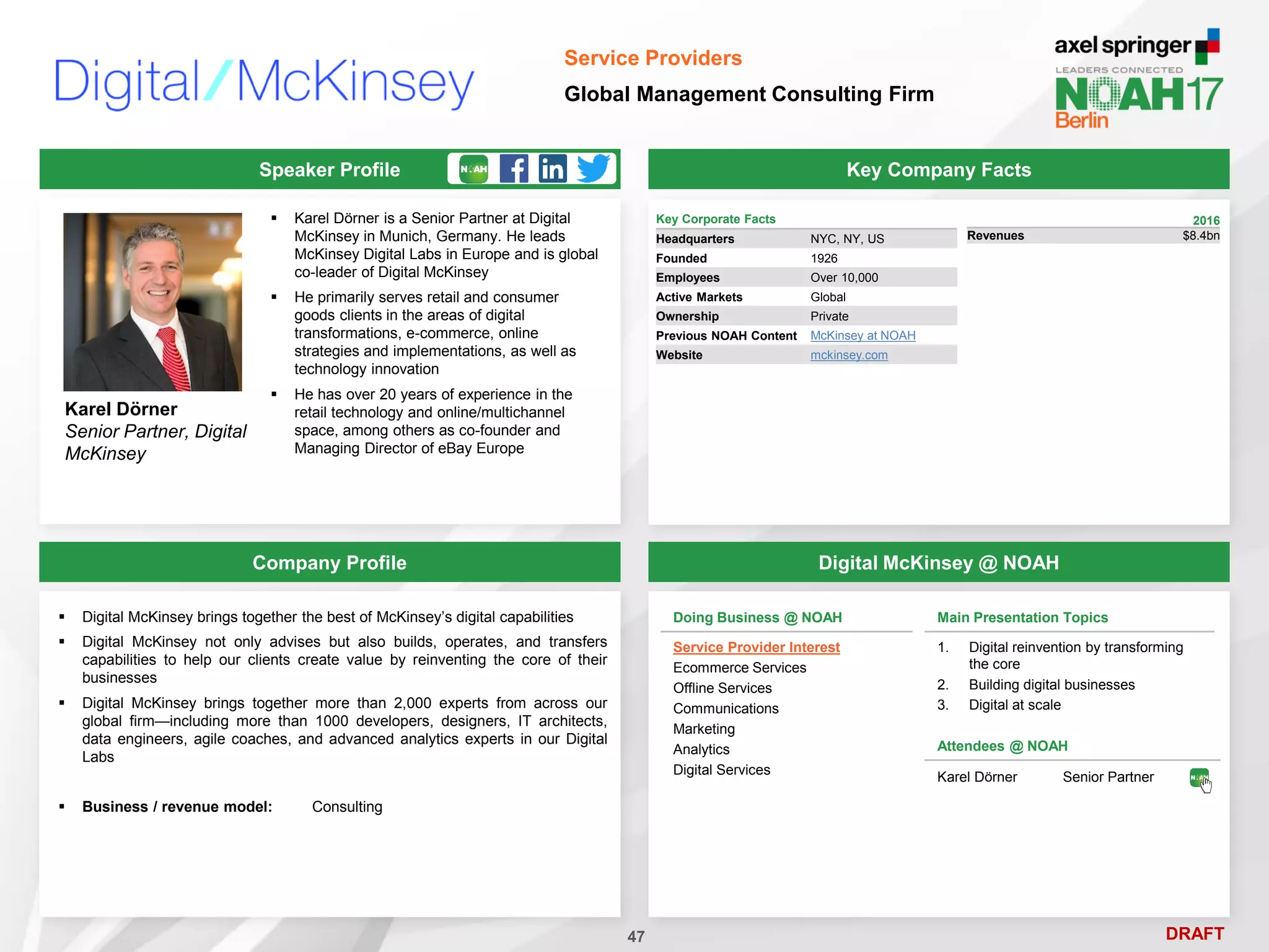 DRAFT
 Karel Dörner is a Senior Partner at Digital
McKinsey in Munich, Germany. He leads
McKinsey Digital Labs in Europe and is global
co-leader of Digital McKinsey
 He primarily serves retail and consumer
goods clients in the areas of digital
transformations, e-commerce, online
strategies and implementations, as well as
technology innovation
 He has over 20 years of experience in the
retail technology and online/multichannel
space, among others as co-founder and
Managing Director of eBay Europe
Karel Dörner
Senior Partner, Digital
McKinsey
Key Company Facts
47
Service Providers
Global Management Consulting Firm
Company Profile Digital McKinsey @ NOAH
 Digital McKinsey brings together the best of McKinsey’s digital capabilities
 Digital McKinsey not only advises but also builds, operates, and transfers
capabilities to help our clients create value by reinventing the core of their
businesses
 Digital McKinsey brings together more than 2,000 experts from across our
global firm—including more than 1000 developers, designers, IT architects,
data engineers, agile coaches, and advanced analytics experts in our Digital
Labs
 Business / revenue model: Consulting
Attendees @ NOAH
Karel Dörner Senior Partner
Key Corporate Facts
Headquarters NYC, NY, US
Founded 1926
Employees Over 10,000
Active Markets Global
Ownership Private
Previous NOAH Content McKinsey at NOAH
Website mckinsey.com
2016
Revenues $8.4bn
Speaker Profile
Doing Business @ NOAH
Service Provider Interest
Ecommerce Services
Offline Services
Communications
Marketing
Analytics
Digital Services
Main Presentation Topics
1. Digital reinvention by transforming
the core
2. Building digital businesses
3. Digital at scale
 