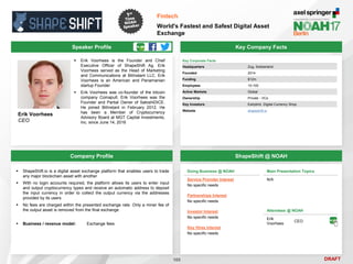 DRAFT
Speaker Profile
Erik Voorhees
CEO
Key Company Facts
105
Fintech
World's Fastest and Safest Digital Asset
Exchange
Company Profile ShapeShift @ NOAH
 ShapeShift.io is a digital asset exchange platform that enables users to trade
any major blockchain asset with another
 With no login accounts required, the platform allows its users to enter input
and output cryptocurrency types and receive an automatic address to deposit
the input currency in order to collect the output currency via the addresses
provided by its users
 No fees are charged within the presented exchange rate. Only a miner fee of
the output asset is removed from the final exchange
 Business / revenue model: Exchange fees
Doing Business @ NOAH
Service Provider Interest
No specific needs
Partnerships Interest
No specific needs
Investor Interest
No specific needs
Key Hires Interest
No specific needs
Attendees @ NOAH
Erik
Voorhees
CEO
Main Presentation Topics
N/A
Key Corporate Facts
Headquarters Zug, Switzerland
Founded 2014
Funding $12m
Employees 10-100
Active Markets Global
Ownership Private - VCs
Key Investors Earlybird, Digital Currency Shop
Website shapeshift.io
 Erik Voorhees is the Founder and Chief
Executive Officer of ShapeShift Ag. Erik
Voorhees served as the Head of Marketing
and Communications at BitInstant LLC. Erik
Voorhees is an American and Panamanian
startup Founder
 Erik Voorhees was co-founder of the bitcoin
company Coinapult. Erik Voorhees was the
Founder and Partial Owner of SatoshiDICE.
He joined BitInstant in February 2012. He
has been a Member of Cryptocurrency
Advisory Board at MGT Capital Investments,
Inc. since June 14, 2016
 