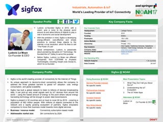 DRAFT
Speaker Profile
Ludovic Le Moan
Co-Founder & CEO
Key Company Facts
108
Industrials, Automation & IoT
World’s Leading Provider of IoT Connectivity
Company Profile Sigfox @ NOAH
 Sigfox is the world’s leading provider of connectivity for the Internet of Things
 Its unique approach to device-to-cloud connectivity allows the company to
address the three greatest barriers to global IoT adoption: cost, energy
consumption, and global scalability
 Sigfox has built a global network to listen to billions of devices broadcasting
data, it can pick-up very small signals sent by IoT devices from around the
world – using the lowest amount of energy to the point where natural energy
harvesting technology will be enough to power data transmissions
 Sigfox is present in 32 countries and on track to cover 60 by 2018 – covering a
population of 562 million people. With millions of objects connected to the
network and a rapidly growing ecosystem of partners, Sigfox empowers
companies to move their business model towards more digital services
 Business / revenue model: Connectivity subscription-based model
 Addressable market size: 3bn connections by 2024
Doing Business @ NOAH
Service Provider Interest
No specific needs
Partnerships Interest
No specific needs
Investor Interest
No specific needs
Key Hires Interest
No specific needs
Attendees @ NOAH
Ludovic Le
Moan
Co Founder & CEO
Main Presentation Topics
1. What They Don’t tell you About
the IoT
2. Understanding the IoT
Ecosystem
3. The IoT Killer Apps
Key Corporate Facts
Headquarters Labège France
Founded 2010
Funding €300m
Employees 100-1,000
Active Markets Global
Ownership Private - VCs
Key Investors
Intel Capital, Telefonica Ventures, Salesforce
Venture, Total Energy Ventures, Air Liquide
Company Video Click here to download
Previous NOAH content Sigfox at NOAH
Website sigfox.com
Source: Market size source: Machina Research
Key Operating KPIs
Network footprint + 30 countries
Area Covered 2m km2
 Ludovic co-founded Sigfox in 2010, with a
vision: give a voice to the physical world
around us and allow billions of objects to play a
role in economic and social development
 With this ambition in mind, Sigfox is developing
energy-efficient, cost-effective and simple
solutions to connect these objects to the
internet, a true revolution, which he likes to call
“The Power of Low”
 Serial entrepreneur, Ludovic is passionate
about pioneering disruptive IoT Technology. He
founded the IoT Valley to serve this purpose
 Before Sigfox, Ludovic Le Moan ran different
companies, from COFRAMI to Anyware
Technologies, including Goojet (now Scoop-it),
which he co-founded
 