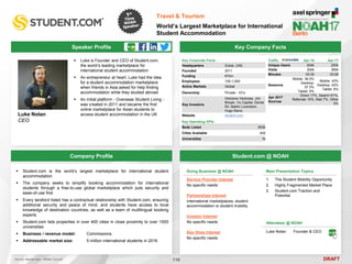 DRAFT
Speaker Profile
 Luke is Founder and CEO of Student.com,
the world’s leading marketplace for
international student accommodation
 An entrepreneur at heart, Luke had the idea
for a student accommodation marketplace
when friends in Asia asked for help finding
accommodation while they studied abroad
 An initial platform - Overseas Student Living -
was created in 2011 and became the first
online marketplace for Asian students to
access student accommodation in the UK
Luke Nolan
CEO
Key Company Facts
116
Travel & Tourism
World’s Largest Marketplace for International
Student Accommodation
Company Profile Student.com @ NOAH
 Student.com is the world’s largest marketplace for international student
accommodation
 The company seeks to simplify booking accommodation for international
students through a free-to-use global marketplace which puts security and
ease-of-use first
 Every landlord listed has a contractual relationship with Student.com, ensuring
additional security and peace of mind, and students have access to local
knowledge of destination countries, as well as a team of multilingual booking
experts
 Student.com lists properties in over 400 cities in close proximity to over 1000
universities
 Business / revenue model: Commissions
 Addressable market size: 5 million international students in 2016
Key Corporate Facts
Headquarters Dubai, UAE
Founded 2011
Funding €70m
Employees 100-1,000
Active Markets Global
Ownership Private - VCs
Key Investors
Horizons Ventures, Jim
Breyer, Vy Capital, Daniel
Ek, Martin Lorentzon,
Hugo Barra
Website student.com
Key Operating KPIs
Beds Listed 800k
Cities Available 400
Universities 1k
Traffic Apr-16 Apr-17
Unique Users 204k 253k
Visits 300k 365k
Minutes 03:35 03:08
Sessions
Mobile: 36.5%
Desktop:
57.5%
Tablet: 6%
Mobile: 42%
Desktop: 52%
Tablet: 6%
Apr 2017
Sources
Direct 17%, Search 61%,
Referrals 10%, Mail 7%, Other
5%
Main Presentation Topics
1. The Student Mobility Opportunity
2. Highly Fragmented Market Place
3. Student.com Traction and
Potential
Doing Business @ NOAH
Service Provider Interest
No specific needs
Partnerships Interest
International marketplaces, student
accommodation or student mobility
Investor Interest
No specific needs
Key Hires Interest
No specific needs
Attendees @ NOAH
Luke Nolan Founder & CEO
Source: Market size – British Council
 