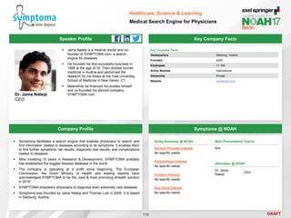 DRAFT
Speaker Profile
 Jama Nateqi is a medical doctor and co-
founder of SYMPTOMA.com, a search
engine for diseases
 He founded his first successful business in
1999 at the age of 16. Then studied human
medicine in Austria and performed the
research for his thesis at the Yale University,
School of Medicine in New Haven, CT
 Meanwhile he financed his studies himself
and co-founded his second company,
SYMPTOMA.com
Dr. Jama Nateqi
CEO
Key Company Facts
118
Healthcare, Science & Learning
Medical Search Engine for Physicians
Company Profile Symptoma @ NOAH
 Symptoma facilitates a search engine that enables physicians to search and
find information related to diseases according to its symptoms. It enables them
to find further symptoms, lab results, diagnostic test results, and complications
related to diseases
 After investing 10 years in Research & Development, SYMPTOMA probably
has established the biggest disease database in the world
 The company is operating at a profit since beginning. The European
Commission, the Dutch Ministry of Health and leading experts have
acknowledged SYMPTOMA to be the „best & most promising eHealth solution
in 2016“
 SYMPTOMA empowers physicians to diagnose even extremely rare diseases
 Symptoma was founded by Jama Nateqi and Thomas Lutz in 2009. It is based
in Salzburg, Austria
Key Corporate Facts
Headquarters Salzburg, Austria
Founded 2009
Employees 11-100
Active Markets International
Ownership Private
Website symptoma.com
Doing Business @ NOAH
Service Provider Interest
No specific needs
Partnerships Interest
No specific needs
Investor Interest
No specific needs
Key Hires Interest
No specific needs
Main Presentation Topics
N/A
Attendees @ NOAH
Dr. Jama
Nateqi
CEO
 