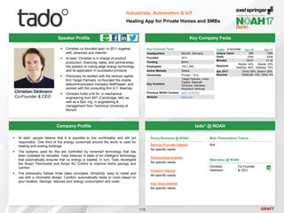 DRAFT
 Christian co-founded tado° in 2011 together
with Johannes and Valentin
 At tado° Christian is in charge of product,
production, financing, sales, and partnerships.
His passion is cutting edge energy technology
and its application in successful products
 Previously he worked with the venture capital
firm Target Partners, co-founded the mobile
telecommunication company BellPepper, and
worked with the consulting firm A.T. Kearney
 Christian holds a M.Sc. in mechanical
engineering from MIT (Cambridge, MA) as
well as a Dipl.-Ing. in engineering &
management from Technical University of
Munich
Christian Deilmann
Co-Founder & CEO
Key Company Facts
119
Industrials, Automation & IoT
Heating App for Private Homes and SMBs
Company Profile tado° @ NOAH
 At tado° people believe that it is possible to live comfortably and still act
responsibly. One third of the energy consumed around the world is used for
heating and cooling buildings
 The systems used for this are controlled by nonsmart technology that has
been outdated for decades. Tado believes in state of art intelligent technology
that automatically ensures that no energy is wasted. In turn, Tado developed
the Smart Thermostat and Smart AC Control to improve home savings and
comfort
 The philosophy follows three basic principles: Simplicity: easy to install and
use with a minimalist design; Comfort: automatically heats or cools based on
your location; Savings: reduces your energy consumption and costs
Doing Business @ NOAH
Service Provider Interest
No specific needs
Partnerships Interest
No specific needs
Investor Interest
No specific needs
Key Hires Interest
No specific needs
Main Presentation Topics
N/A
Attendees @ NOAH
Christian
Deilmann
Co-Founder
& CEO
Key Corporate Facts
Headquarters Munich, Germany
Founded 2011
Funding $57m
Employees 100-1,000
Active Markets Global
Ownership Private – VCs
Key Investors
Target Partners, Inven
Capital, Starkraft
Ventures, Siemens,
Shourtcut Ventures
Previous NOAH Content tado° at NOAH
Website tado.com
Traffic Apr-16 Apr-17
Unique Users 69k 186k
Visits 254k 634k
Minutes 02:41 01:32
Sessions
Mobile: 44%
Desktop: 56%
Mobile: 30%
Desktop: 70%
Apr 2017
Sources
Direct 58%, Search 26%,
Referrals 12%, Other 4%
Speaker Profile
 