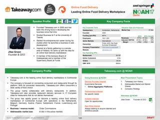 DRAFT
Speaker Profile
 Founded Takeaway.com in 2000 and has
been the driving force in developing the
business since that time
 Studied Business & IT at the University of
Twente
 Started his entrepreneurial career during his
studies when he launched a business in web
development
 Inspired at a family gathering in a remote
area of Holland, he came up with the idea for
an online food delivery marketplace
 A member of the Advisory Board of
Hotelspecials and a member of the
Supervisory Board at Funda
Jitse Groen
Founder & CEO
Key Company Facts
120
Online Food Delivery
Leading Online Food Delivery Marketplace
Company Profile Takeaway.com @ NOAH
 Takeaway.com is the leading online food delivery marketplace in Continental
Europe
 The company is focused on connecting consumers and restaurants through its
platform. With its connected restaurants, Takeaway.com offers consumers a
wide variety of food choice
 The group mainly collaborates with delivery restaurants. In addition,
Takeaway.com also provides restaurant delivery services in 17 European
cities for restaurants that do not deliver themselves
 The group has rapidly grown to become a leading online food delivery
marketplace of Continental Europe with operations in the Netherlands,
Belgium, Germany, Austria, Poland, Switzerland, France, Luxembourg and
Portugal
 Business / revenue model: Order Commissions
 Addressable market size: €13bn in the active markets
Doing Business @ NOAH
Service Provider Interest
Ecommerce Services
• Online Aggregator Platforms
Partnerships Interest
No specific needs
Investor Interest
Open for opportunities
Key Hires Interest
Always seeking to acquire talented and
ambitious people
Main Presentation Topics
1. Takeaway.com History
2. Addressable Market and Market
Shares
3. Company Strategy
Attendees @ NOAH
Jitse Groen Founder & CEO
Key Corporate Facts
Headquarters Amsterdam, Netherlands
Founded 2000
Funding (pre-IPO) €87m
Employees 100-1,000
Active Markets International
Ownership
Public (40% free float)
Euronext Amsterdam
Company Presentation Click here to download
Website takeaway.com
Key Operating KPIs
Restaurants 28,787
Active Customers 8.9m
Orders 49.3m
GMV 2016 €942m
2015 2016 Growth
Revenues €77m €112m 45%
Adjusted EBITDA (€14m) (€18m) 33%
Margin (18%) (16%) N/A
Valuation Data and Financials
Market Cap €1.6bn
Source: FactSet (financial and valuation data as of 16/05/2017)
 