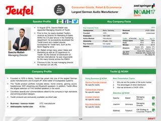 DRAFT
Speaker Profile
 In August 2016, Sascha Mallah was
appointed Managing Director of Teufel
 Prior to this, he nearly doubled Teufel’s
revenue as Director for Marketing & Sales.
Within his 3.5-year tenure in the marketing
department, he successfully developed the
Teufel brand and created popular
touchpoints for Teufel fans, such as the
Berlin flagship store
 Mr. Mallah brings many years’ Sales and
Marketing as well as CE experience to
Teufel. As the Director of Distribution at
Harman International, he was responsible
for the many brands across the EMEA
 Previous to this, he was managing director
for Harman CE UK/ IRL
Sascha Mallah
Managing Director
Key Company Facts
125
Consumer Goods, Retail & Ecommerce
Largest German Audio Manufacturer
Company Profile Teufel @ NOAH
 Founded in 1979 in Berlin, Teufel has grown into one of the largest German
audio manufacturers and Europe's #1 direct seller of loudspeaker systems
 The Teufel product portfolio includes stereo, home cinema, gaming sound,
headphones, WiFi streaming and Bluetooth speakers. In addition, Teufel offers
the largest selection of THX certified speakers in the world
 Countless awards and commendations attest to the company’s high standards
and winning product designs
 Teufel products are exclusively available via direct sale
 Business / revenue model: DTC manufacturer
 Addressable market size: €5.8bn
Key Corporate Facts
Headquarters Berlin, Germany
Founded 1979
Employees 100-1,000
Active Markets International
Ownership Private - VCs
Key Investors HG Capital
Website teufelaudio.com
Main Presentation Topics
1. Why we are the pirates of the audio market
2. The advantages of direct distribution
3. How we achieved a CAGR >20%
Doing Business @ NOAH
Service Provider Interest
No specific needs
Partnerships Interest
No specific needs
Investor Interest
No specific needs
Key Hires Interest
No specific needs
Attendees @ NOAH
Sascha Mallah
Managing
Director
Joachim Wimmers
Managing
Director
Matthias Paratsch
GM Strategy &
Corporate Projects
Traffic Apr-16 Apr-17
Unique Users 323k 520k
Visits 951k 961k
Minutes 04:01 04:15
Sessions
Mobile: 33%
Desktop: 67%
Mobile: 37%
Desktop: 63%
Apr 2017
Sources
Direct 32%, Search 41%,
Referrals 18%, Display Ads
5%, Other 4%
2016
Revenues €100-1,000m
EBITDA Undisclosed
 