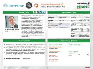 DRAFT
 Dr. Reinhold Achatz is Head of the Corporate
Function Technology, Innovation and
Sustainability at thyssenkrupp AG
 In this position he is globally responsible to
initiate and implement future oriented
projects, to identify and leverage synergies
between thyssenkrupp’s businesses and to
define, implement and improve processes
 He holds a degree in Electrical Engineering
from the Friedrich-Alexander University in
Erlangen-Nuremberg, a Ph.D. in Information
Technology in Mechanical Engineering (Dr.
Ing.), from the Technical University of Munich
and was awarded an honorary advisory
professorship from the Tsinghua University in
Beijing, China
Dr. Reinhold E. Achatz
CTO
Key Company Facts
126
Industrials, Automation & IoT
Allianz Group’s Investment Arm
Company Profile thyssenkrupp @ NOAH
 thyssenkrupp is a diversified industrial group with traditional strengths in
materials and a growing share of capital goods and service businesses
 Over 156,000 employees in nearly 80 countries work with passion and
technological know-how to develop high-quality products and intelligent
industrial processes and services for sustainable progress
 Our business operations are organized in six business areas: Components
Technology, Elevator Technology, Industrial Solutions, Materials Services,
Steel Europe and Steel Americas
 Business / revenue model: Manufacturing
Doing Business @ NOAH
Service Provider Interest
No specific needs
Partnerships Interest
No specific needs
M&A Interest
No specific needs
Key Hires Interest
No specific needs
Main Presentation Topics
N/A
Attendees @ NOAH
Dr. Reinhold E.
Achatz
CTO
Key Corporate Facts
Headquarters Essen, Germany
Founded 1999
Employees Over 1,000
Active Markets Global
Ownership
Public
EPA
Company Presentation Click here to download
Website thyssenkrupp.com
Valuation Data and Financials
Market Cap €12.2bn
Traffic Apr-16 Apr-17
Unique Users 113k 127k
Visits 302k 256k
Minutes 03:30 02:57
Sessions
Mobile: 28%
Desktop: 72%
Mobile: 26%
Desktop: 74%
Apr 2017
Sources
Direct 27%, Search 28%,
Referrals 41%, Other 4%
Source: FactSet (financial and valuation data as of 16/05/2017)
2016 2017 Growth
Revenues €39.7bn €41.1bn (5%)
EBITDA €2.6bn €2.9bn 10%
Margin 7% 7% -
EV/EBITDA 6.8x 6.1x (9%)
P/E 83.1x N/A -
Speaker Profile
 