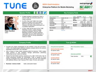DRAFT
 A digital marketer by background, Peter is
CEO of TUNE, the enterprise platform for
mobile marketing
 ​As CEO, Peter took TUNE’s first mobile
products to market in 2012 and raised
$36.4m to date with Accel Partners, Icon
Ventures, and others while continuing to run
a profitable organization
 In 2015, Peter led the launch of the TUNE
Marketing Console, a game-changing
product for marketers. With the TUNE
Marketing Console, the entire marketing
organization has one unified dashboard, a
command center for driving unparalleled
results on mobile
Peter Hamilton
CEO
Key Company Facts
130
B2B & SaaS Analytics
Enterprise Platform for Mobile Marketing
Company Profile Tune @ NOAH
 Founded and initially bootstrapped by twin brothers Lucas and Lee Brown,
TUNE is the Seattle-based attribution analytics company behind the products
MobileAppTracking (MAT) and HasOffers
 With a mission to make mobile marketing better for everyone, TUNE creates
SaaS products to help marketers manage performance advertising
relationships across mobile and desktop
 Named the 63rd fastest growing company by Inc. 500 in 2013 and a top 10
mobile advertising company by VentureBeat, TUNE is backed by Accel
Partners (investment led by Rich Wong) and has more than 200 employees
with additional offices in San Francisco, NYC, Seoul, Tel Aviv, and London
 Business / revenue model: SaaS, subscription-based
Speaker Profile
Traffic Apr-16 Apr-17
Unique Users 177k 209k
Visits 625k 571k
Minutes 02:35 02:59
Sessions
Mobile: 34%
Desktop: 66%
Mobile: 28%
Desktop: 72%
Apr 2017
Sources
Direct 29%, Search 31%,
Referrals 23%, Mail 8%,
Display Ads 7%, Other 2%
Key Corporate Facts
Headquarters Seattle, WA, US
Founded 2009
Funding $36m
Employees 100-1,000
Active Markets Global
Ownership Private – VCs
Key Investors
Accel Partners, Icon
Ventures, Founders’
Co-op
Website tune.com
Doing Business @ NOAH
Service Provider Interest
No specific needs
Partnerships Interest
No specific needs
Investor Interest
No specific needs
Key Hires Interest
No specific needs
Main Presentation Topics
N/A
Attendees @ NOAH
Peter Hamilton CEO
 